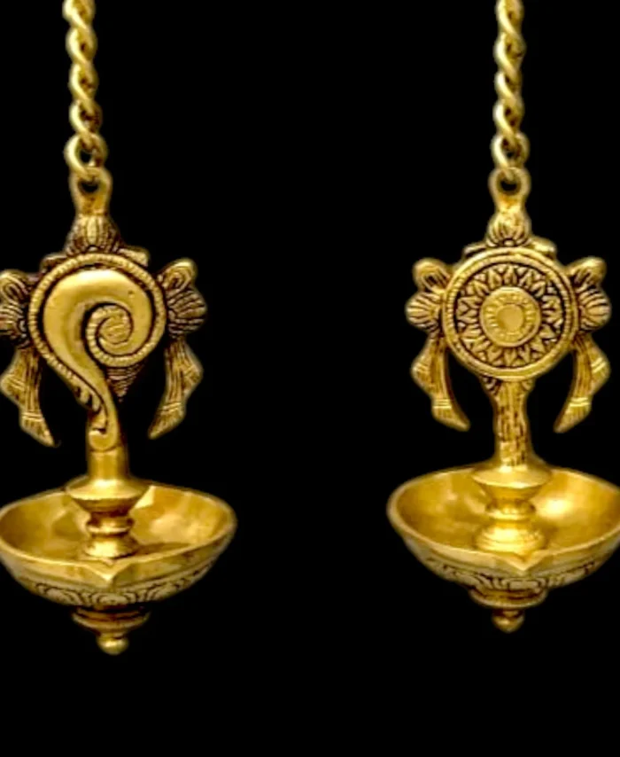 Brass Sangu Chakra Hanging Deepam Set of 2 – Traditional Wall-Mounted Oil Lamps for Temple and Home