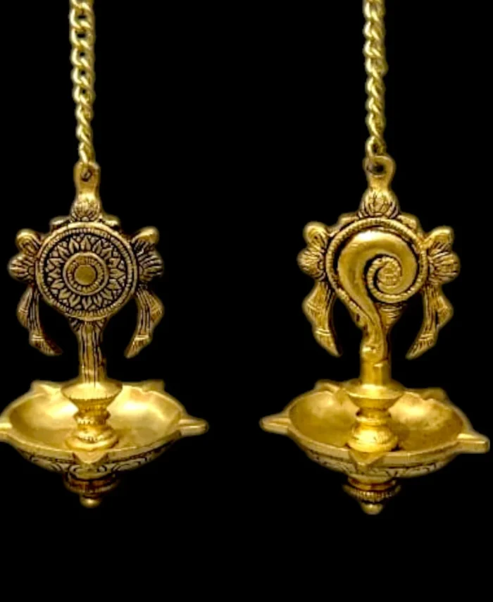 Brass Sangu Chakra Hanging Deepam Set of 2 – Wall Hanging Oil Lamps for Pooja Room