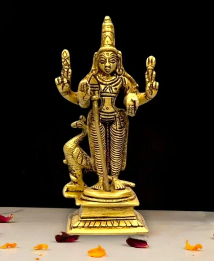 5 inch brass Murugan idol with peacock – Subramanya statue for pooja and decor