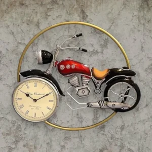 Metal red bike wall art clock for living room, office, and restaurant decor