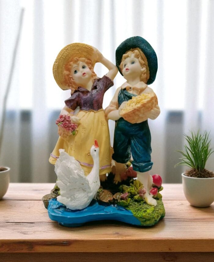 Village Boy and Girl Couple Statue with Duck – Rustic Resin Showpiece for Home Decor