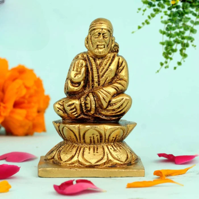 2.2 Inch Brass Sai Baba Idol on Lotus for Pooja, Car Dashboard and Gift