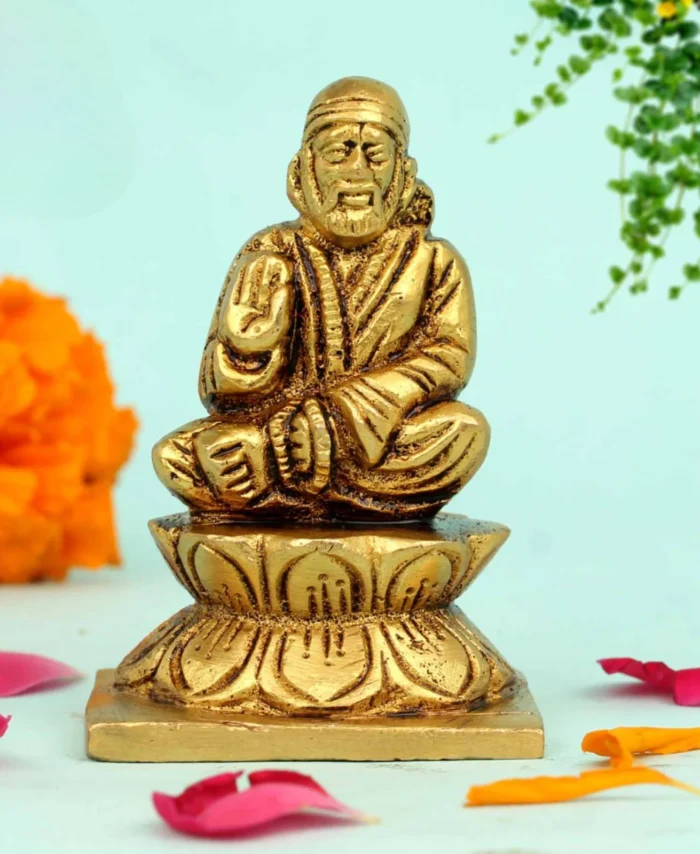 2.2 Inch Brass Sai Baba Idol on Lotus for Pooja, Car Dashboard and Gift