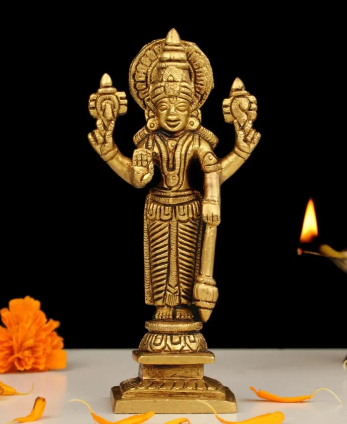 Brass Vishnu Standing Statue 5 Inch Idol for Home Temple Spiritual Gift