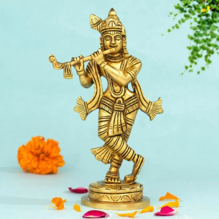 Brass Krishna with Flute Idol for Home and Temple Decor