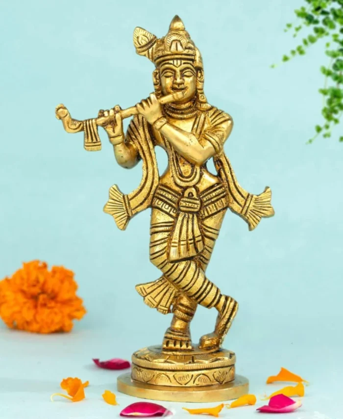 Brass Krishna with Flute Idol for Home and Temple Decor