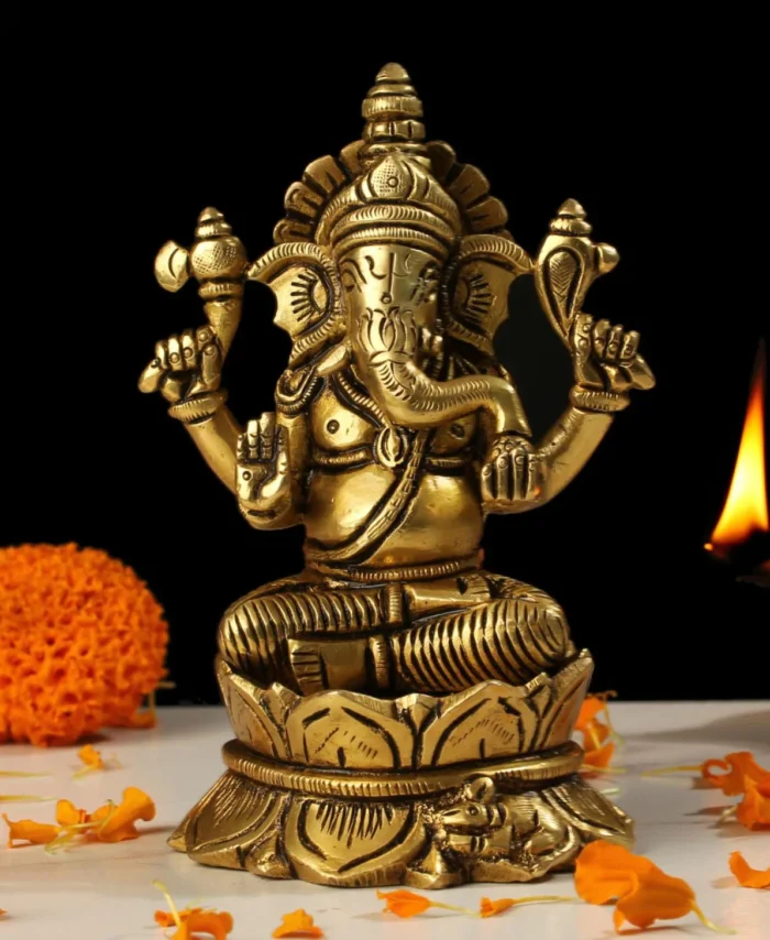 5 Inch Brass Lord Ganesha Idol for Pooja and Spiritual Home Decor