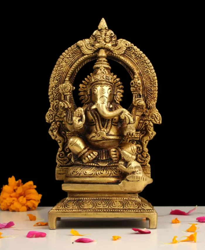 Brass Ganesha Idol with Thiruvachi Arch – Super Fine Handmade Pooja Statue