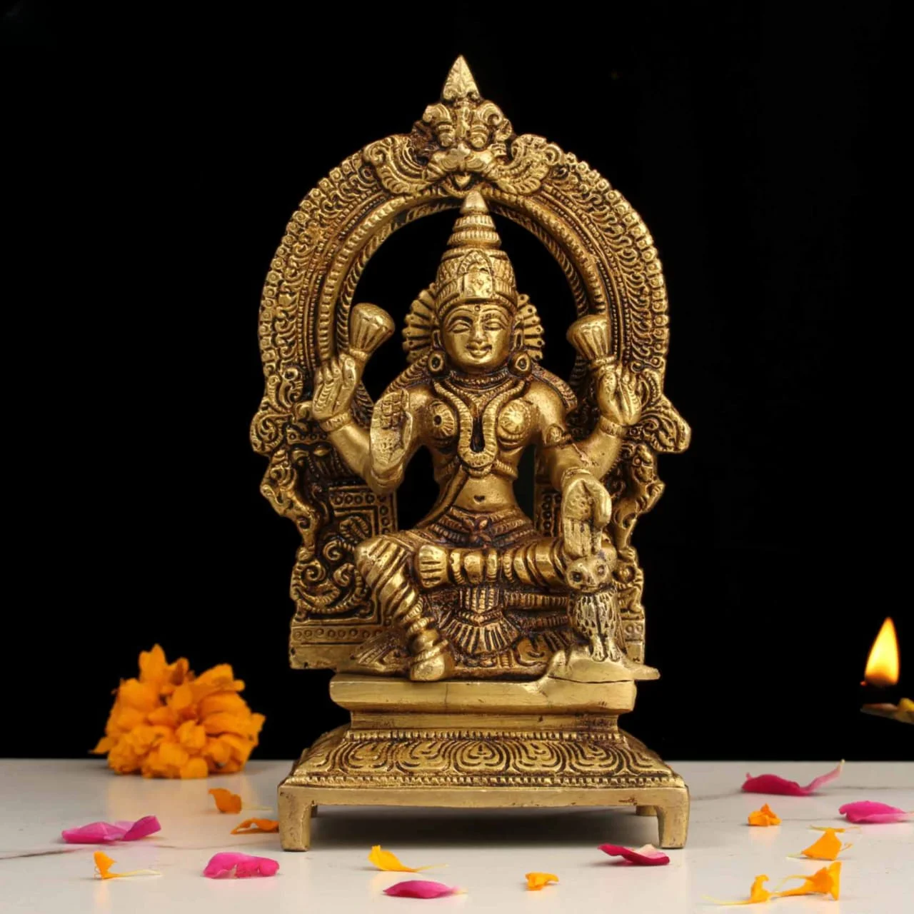 Pure brass goddess Lakshmi statue with Thiruvachi arch for puja and home decor