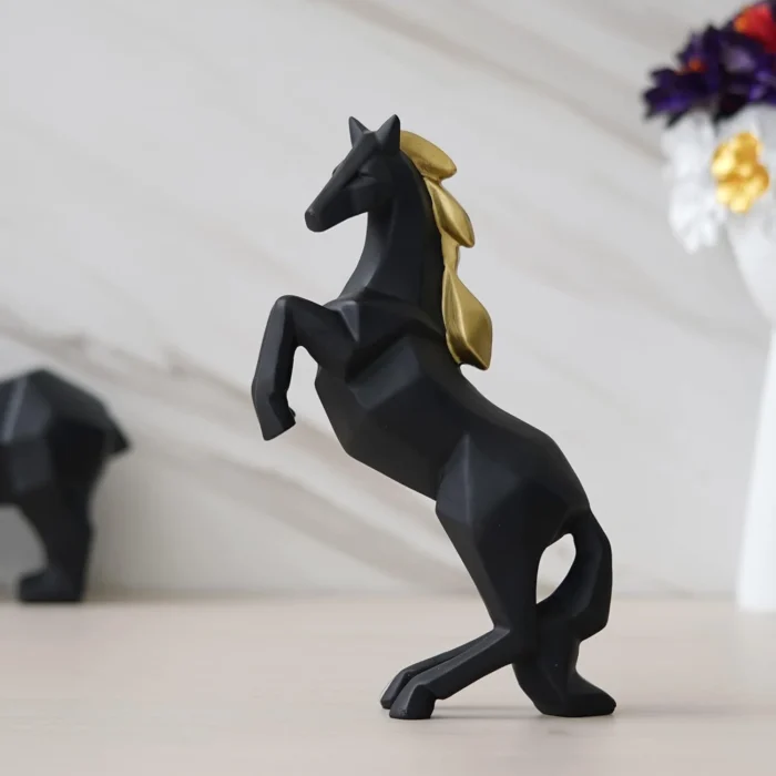 Geometric Black Charging Horse Statue Standing on Two Legs for Home Decor