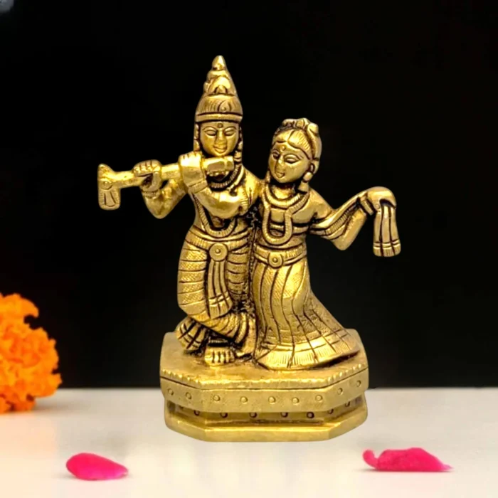 Brass Radha Krishna Idol Decorative Showpiece for Pooja Room Temple 4.25 Inch