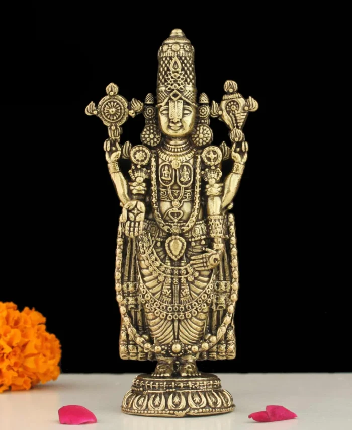 Large brass Tirupati Balaji Venkateshwara idol with golden finish for pooja room, temple, and home décor