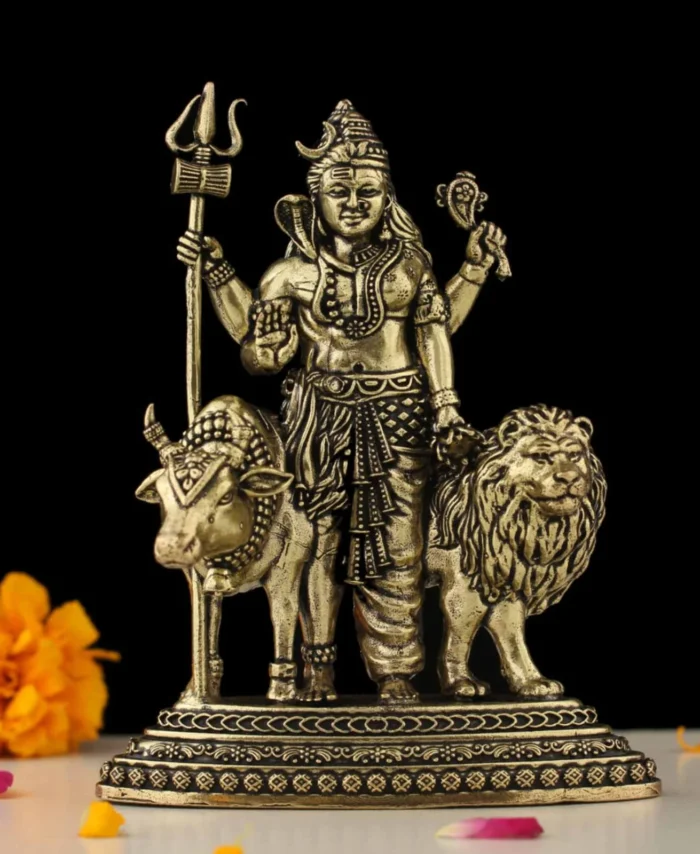 Brass Ardhanarishwar idol with golden finish – Lord Shiva and Parvati murti for pooja and home decor