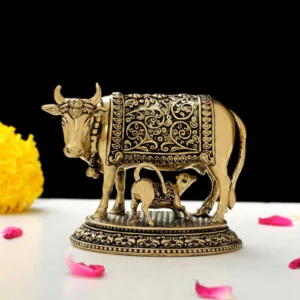 Premium Brass Kamdhenu Cow with Calf Idol in Gold Finish for Pooja, Vastu and Home Décor