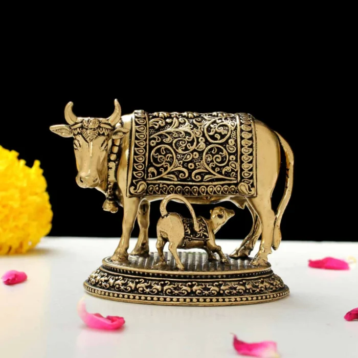 Premium Brass Kamdhenu Cow with Calf Idol in Gold Finish for Pooja, Vastu and Home Décor