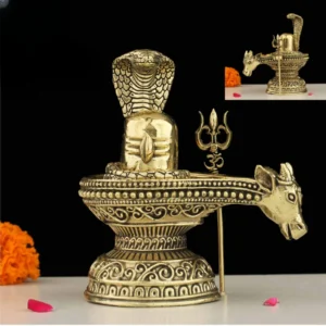 Brass Shiva Lingam with Nandi Maharaj figurine in golden finish for pooja, home temple, and spiritual décor