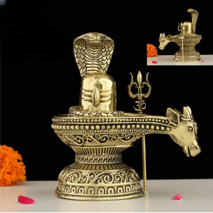 Brass Shiva Lingam with Nandi Maharaj figurine in golden finish for pooja, home temple, and spiritual décor