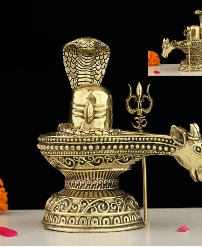 Brass Shiva Lingam with Nandi Maharaj figurine in golden finish for pooja, home temple, and spiritual décor