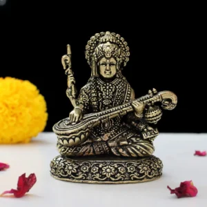 Premium Brass Goddess Saraswati Idol Playing Veena with Golden Finish for Pooja and Home Décor