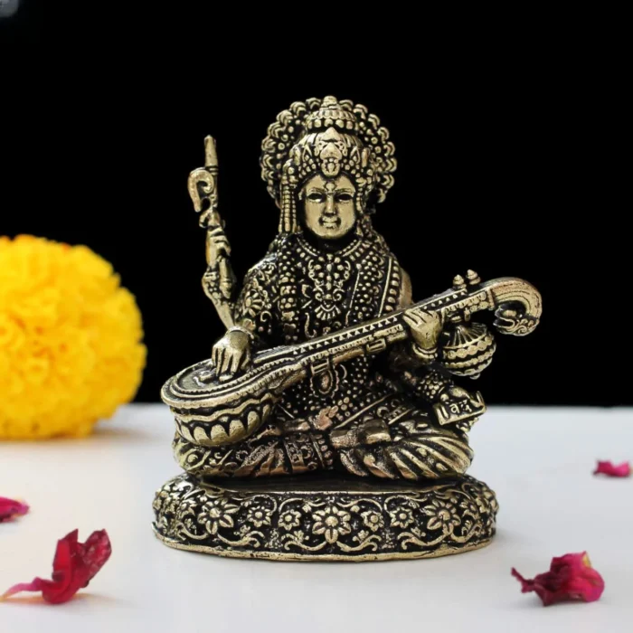 Premium Brass Goddess Saraswati Idol Playing Veena with Golden Finish for Pooja and Home Décor