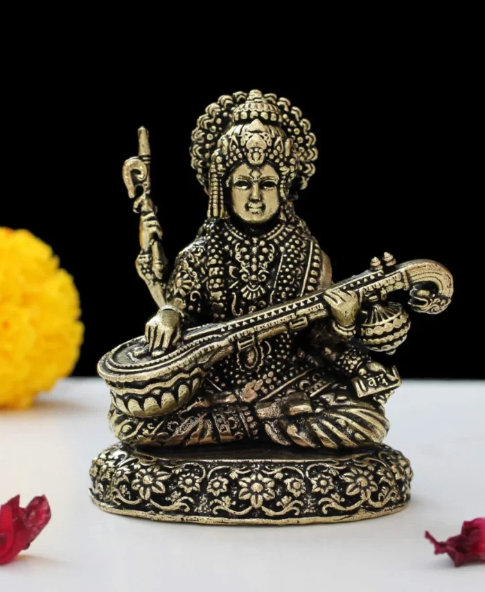 Premium Brass Goddess Saraswati Idol Playing Veena with Golden Finish for Pooja and Home Décor
