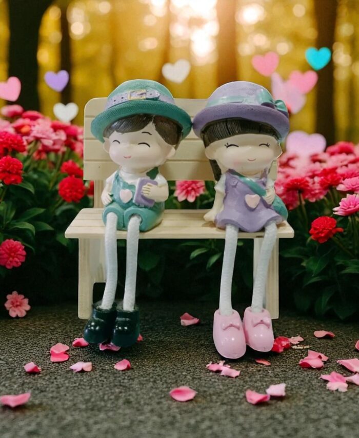 Cute Boy Girl Sitting on Bench Statue – Romantic Couple Showpiece for Gift and Home Decor