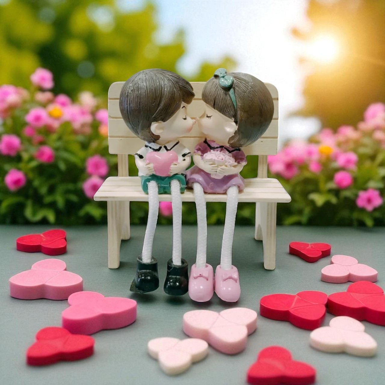 Cute Boy Girl Sitting on Bench Kissing Statue – Romantic Couple Love Showpiece