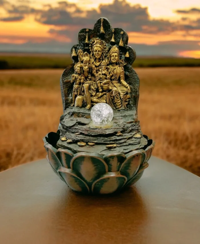Shiva Family Water Fountain with LED Light for Home Temple Decor