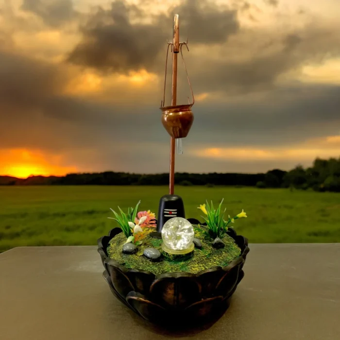 Shiva Lingam Fountain with Dripping Water and Rotating LED Crystal Ball for Home Temple Decor