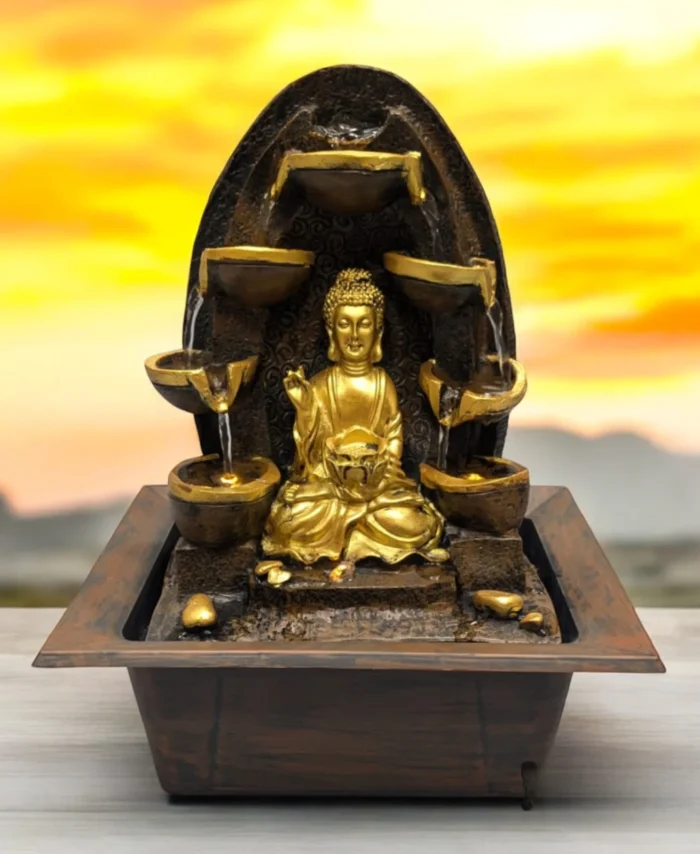 Lord Buddha indoor water fountain with 7 lamp steps for peaceful home décor
