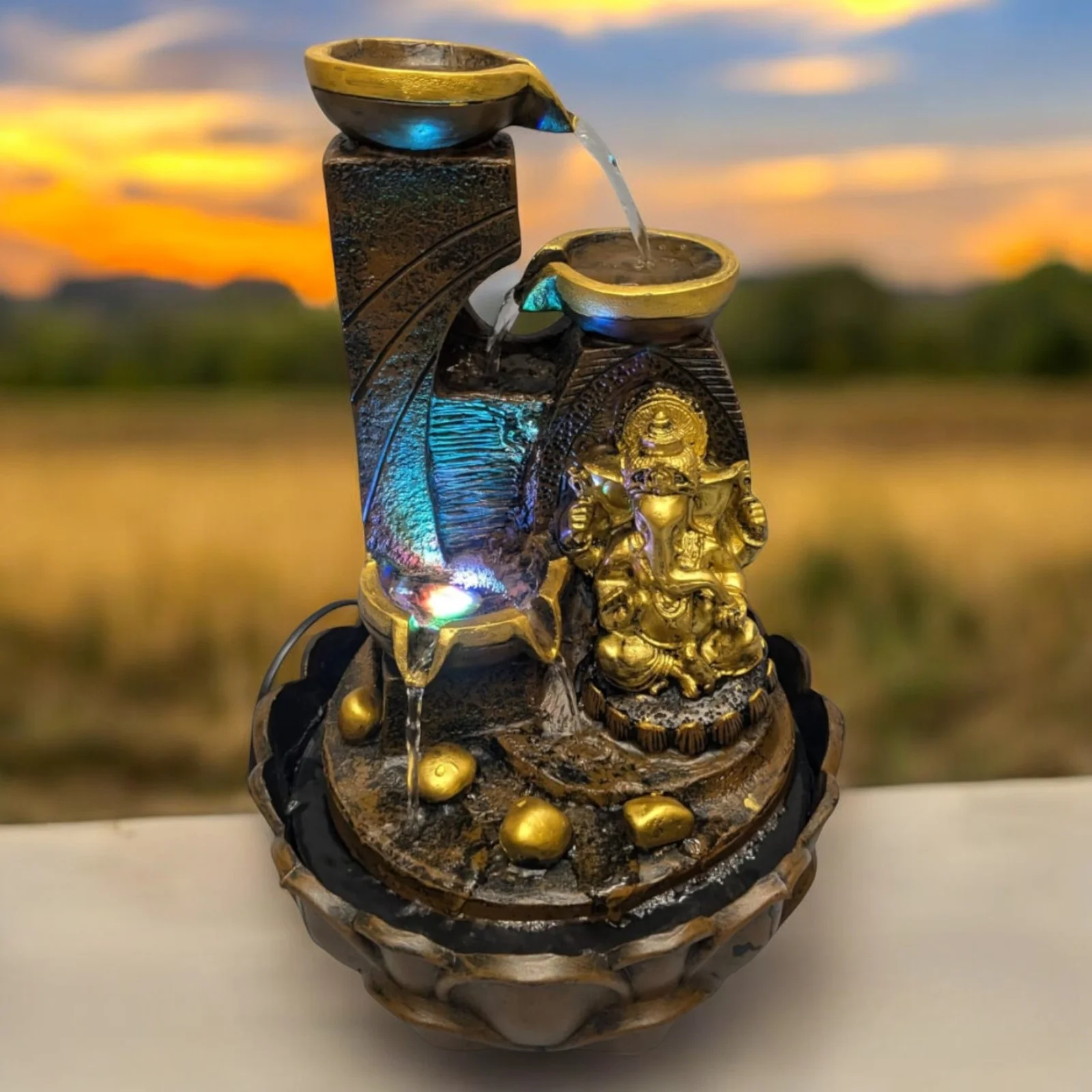 Lord Ganesha Tabletop Water Fountain with LED Lights for Indoor Outdoor Decor