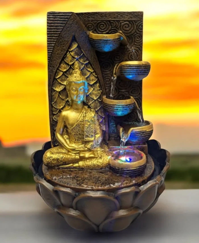 Meditating Buddha Tabletop Water Fountain with LED for Home and Office Decor