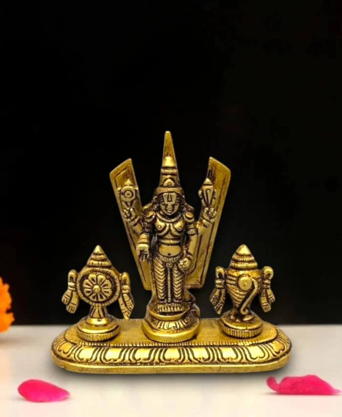 Brass Tirupati Balaji Venkateshwara Idol – Lord Vishnu Statue with Chakra and Shankh for Home Temple