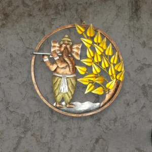 Metal painted Ganesha wall art playing flute under tree for home, pooja room, and festive décor