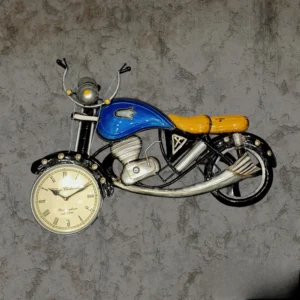 Multicolour metal bike wall hanging with functional wall clock for home and cafe décor