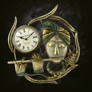 Wrought iron handmade Krishna playing flute wall clock for home and pooja room decor