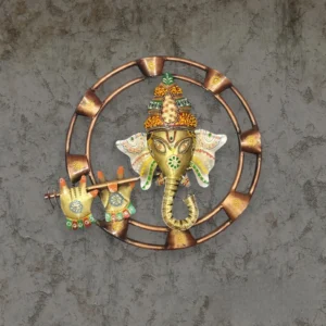 Round metal hand-painted Ganesha wall hanging for pooja room and home decor