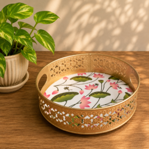 Pichwai Printed Metal Tray with Floral Design in White for Serving and Décor