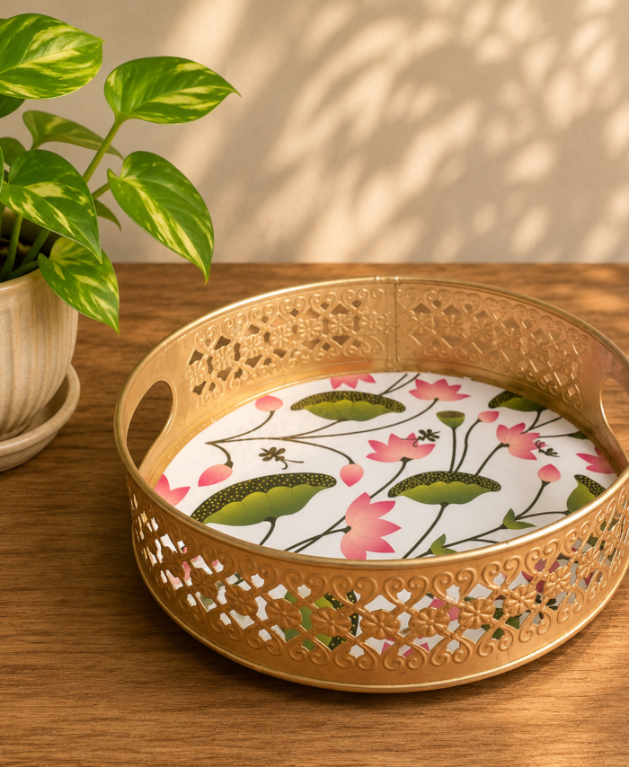 Pichwai Printed Metal Tray with Floral Design in White for Serving and Décor