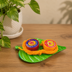 Leaf Shape Mangalya Thread with Haldi Kumkum Containers for Thamboolam
