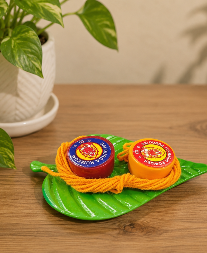 Leaf Shape Mangalya Thread with Haldi Kumkum Containers for Thamboolam