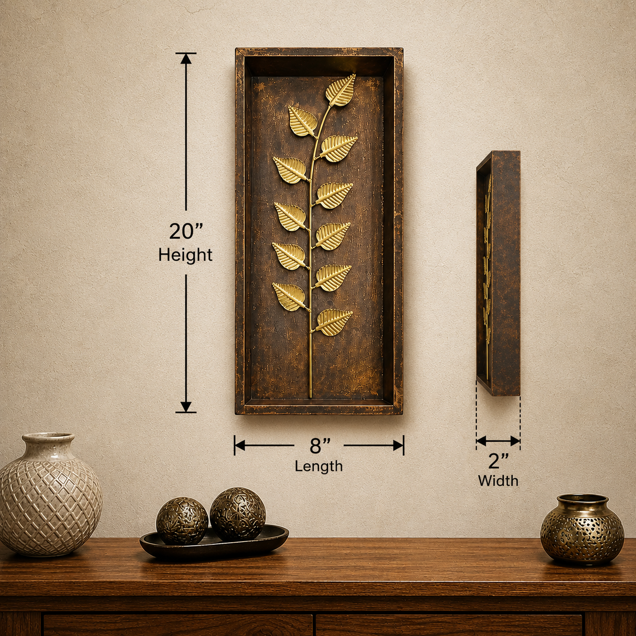 Iron titan leaf wall decor with textured metallic finish in wooden box frame for modern home and office décor