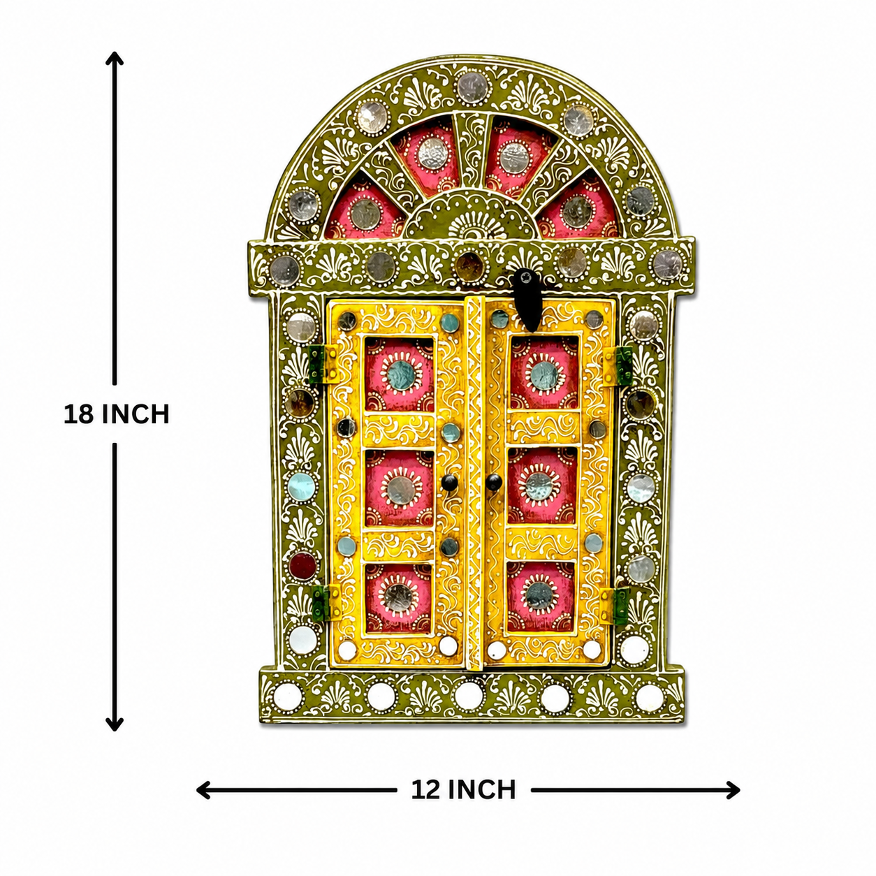 Handcrafted vintage wooden and MDF window frame khidki with carved design and glass work