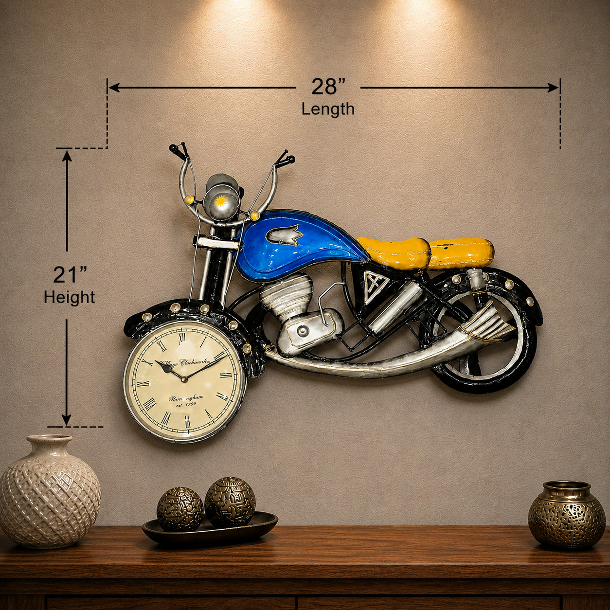 Multi color metal bike wall hanging with functional wall clock for home and cafe décor