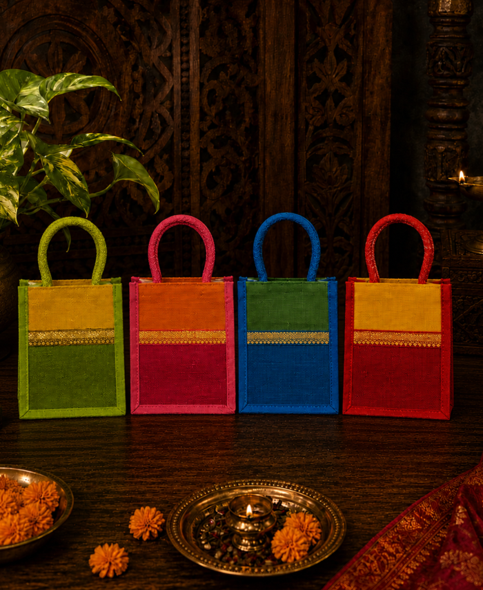 Silk border design eco-friendly jute bag with assorted prints for return gifts