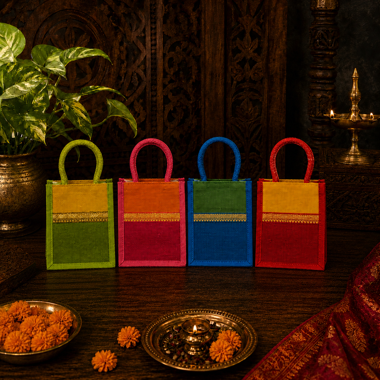 Silk border design eco-friendly jute bag with assorted prints for return gifts