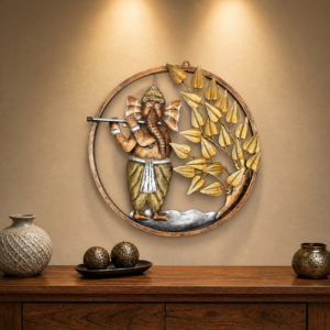 Metal painted Ganesha wall art playing flute under tree for home, pooja room, and festive décor