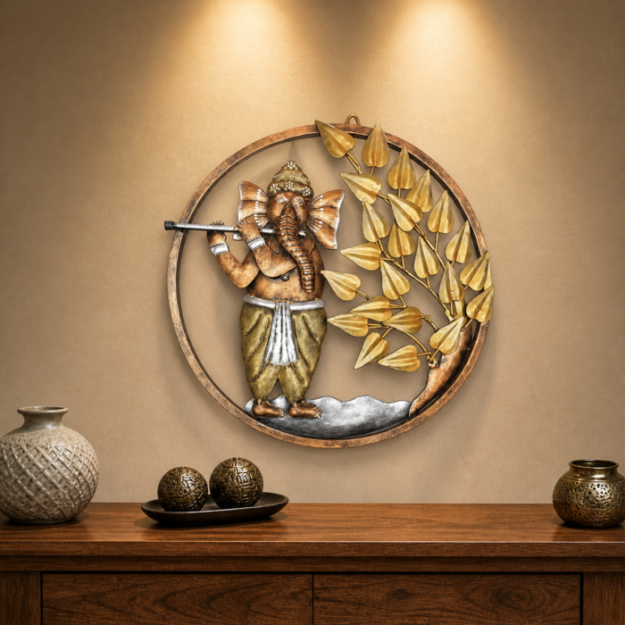 Metal Painted Ganesha Under Tree Wall Art | Flute Playing Decor