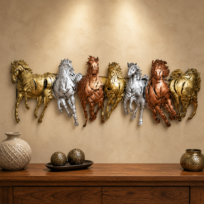Seven horse abstract metal wall decor with LED light for vastu, home and office wall decoration