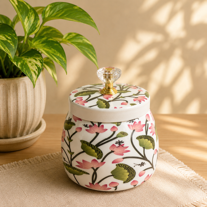 White Pichwai floral printed tin jar for return gifts and festive use